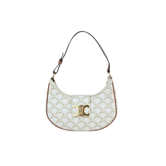 Include Entrupy Certificate of Authenticity｜Very Good ( Rank A)｜ CELINE AVA Macadam Triomphe Calf Leather Shoulder Bag White ｜S26072903