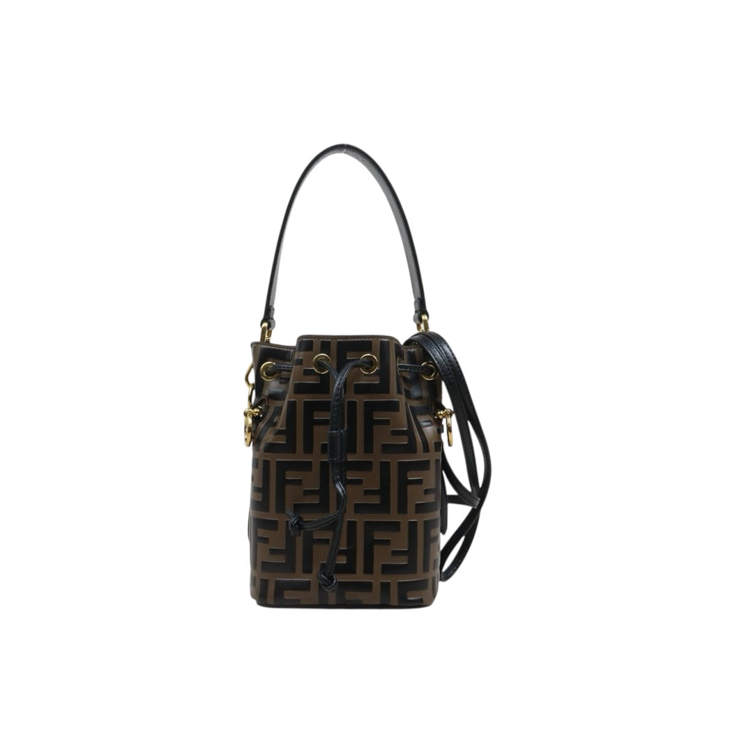 Include Entrupy Certificate of Authenticity｜Good ( Rank AB)｜ FENDI Zucca Mini Mon Tresor Calf Leather Bucket bag Shoulder Bag Brown ｜26051904