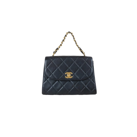 Include Entrupy Certificate of Authenticity｜Good ( Rank AB)｜ CHANEL Calf Leather Matelass Turn Lock Twin Chain Hand Bag Black Made in 1994-1996Year｜Y26051524