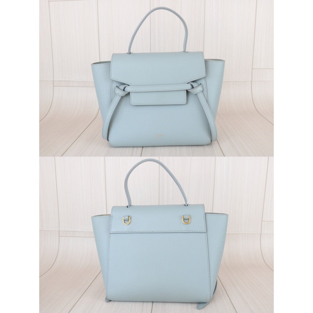 Good ( Rank AB)｜CELINE Calf Leather  Belt Nano Handbag Shoulder Bag Light Blue｜X26030106