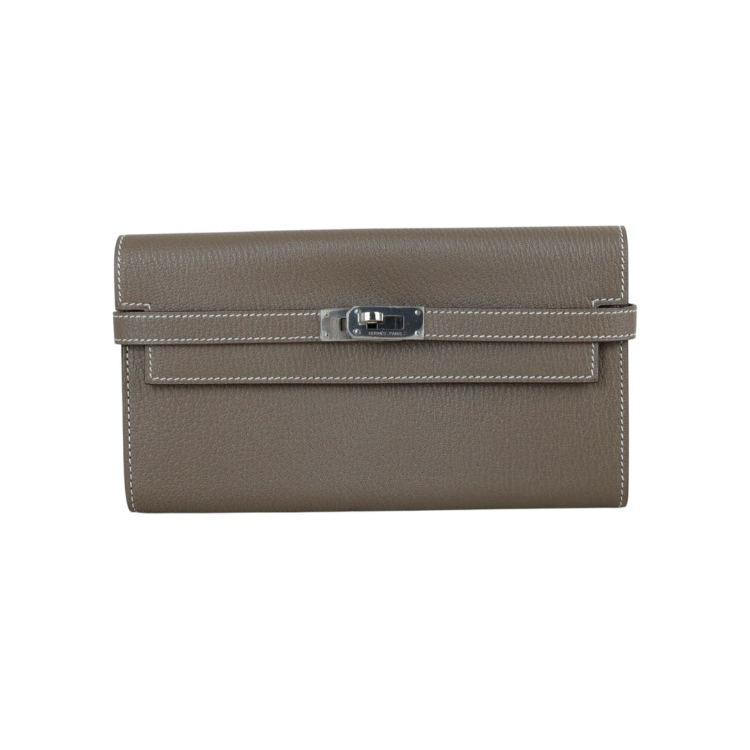 Include Entrupy Certificate of Authenticity｜Excellent（Rank SA)｜ HERMES Goatskin Kelly Long Wallet Etoupe □Q Stamp Made In 2013Year｜Z26100803