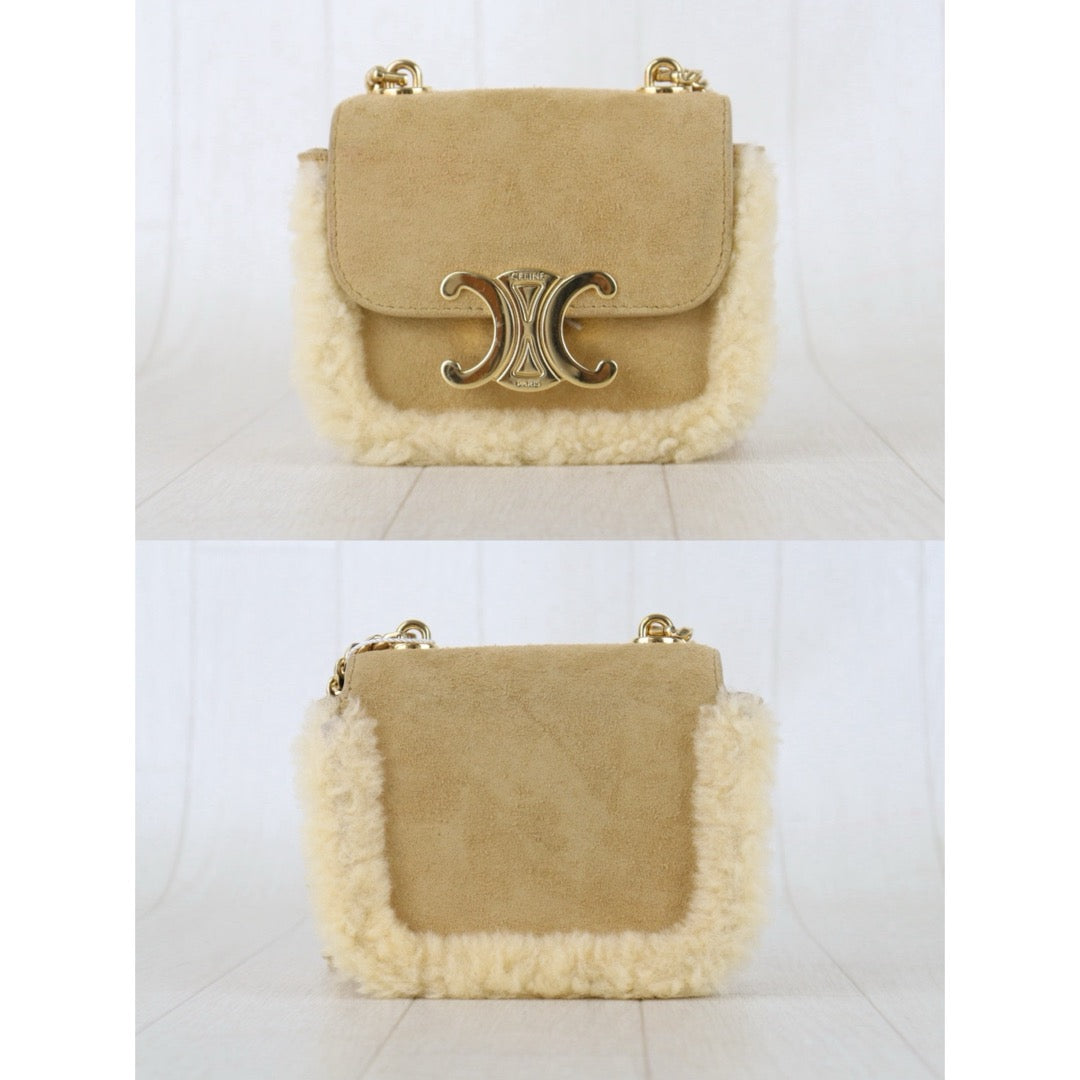 Include Entrupy Certificate of Authenticity｜Good ( Rank A) ｜CELINE Suede Shearling Triomphe Mini Chain Claude Shoulder Bag ｜S26083015