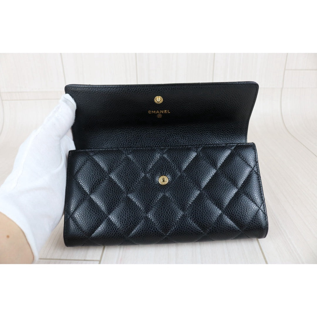 Include Entrupy Certificate of Authenticity｜Very Good ( Rank A)｜CHANEL Caviar Skin Black Long Wallet Made In 2015-2016Year｜S26050801