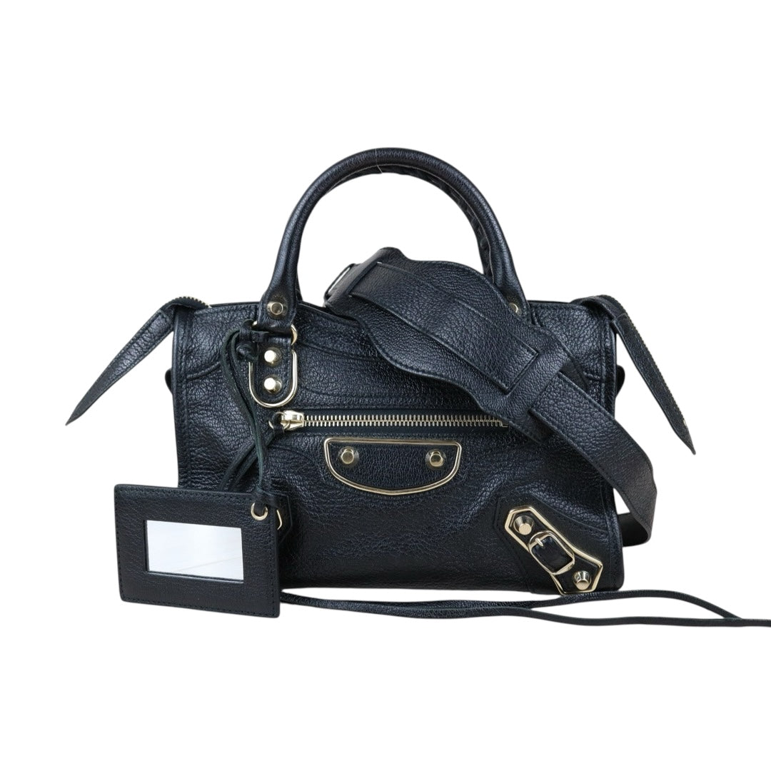 Include Entrupy Certificate of Authenticity｜Very Good ( Rank A)｜Balenciaga Chevre Leather Gaint Classic Metallic Edge City Mini Black HandBag Shoulder Bag ｜X26092111