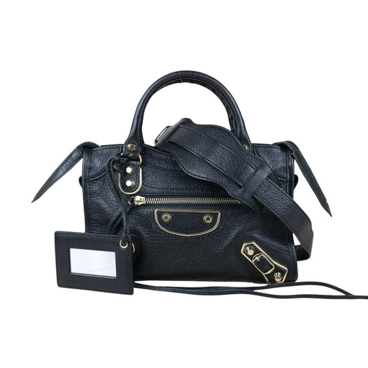 Include Entrupy Certificate of Authenticity｜Very Good ( Rank A)｜Balenciaga Chevre Leather Gaint Classic Metallic Edge City Mini Black HandBag Shoulder Bag ｜X26092111
