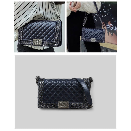 Good ( Rank AB)｜CHANEL Caviar Skin  LeBoy Chain Shoulder Bag Medium Blue  Made In 2014-2015 Year｜P25031404
