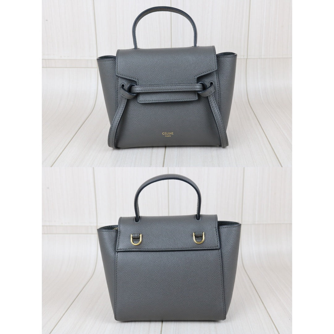 Include Entrupy Certificate of Authenticity｜Very Good ( Rank A)｜CELINE Calf Leather Belt Pico Handbag Shoulder Bag Etoupe Gray｜X26100714