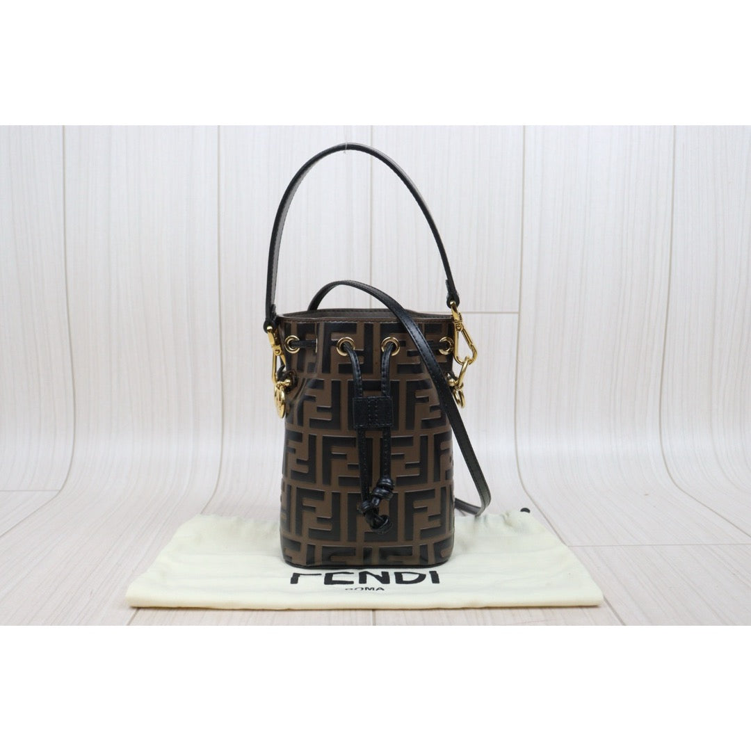 Good ( Rank AB)｜ FENDI Zucca Mini Mon Tresor Calf Leather Bucket bag Shoulder Bag Brown ｜V25102102