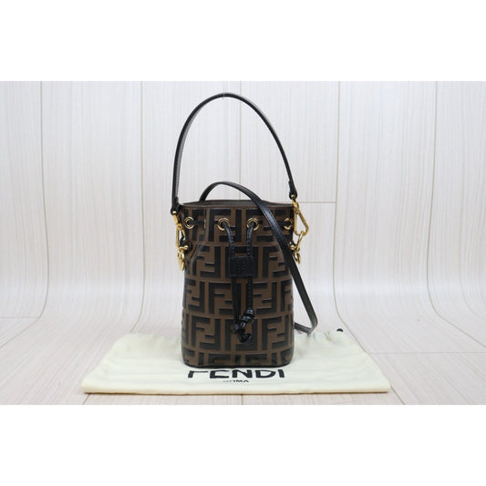 Good ( Rank AB)｜ FENDI Zucca Mini Mon Tresor Calf Leather Bucket bag Shoulder Bag Brown ｜V25102102
