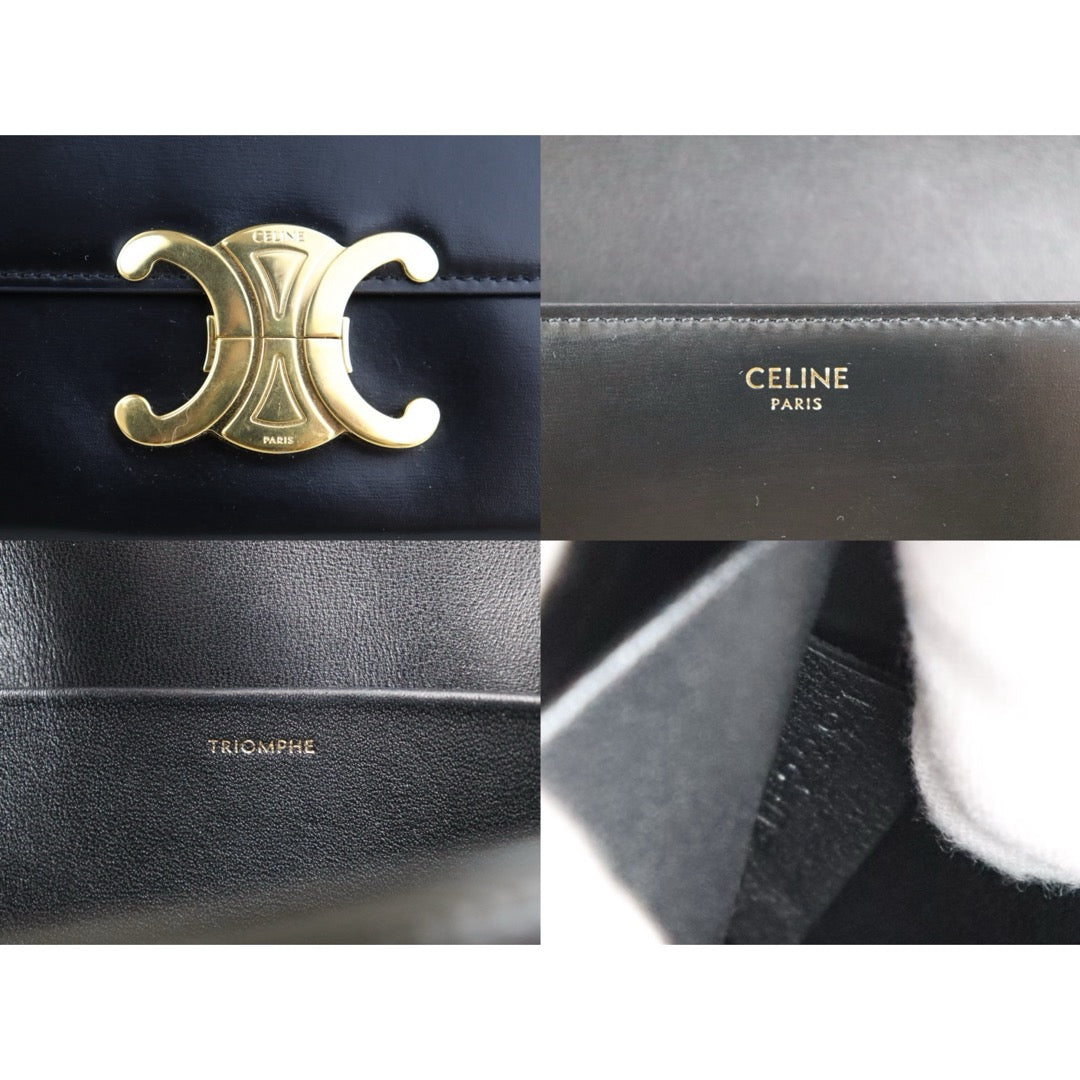 Very Good ( Rank A)｜CELINE Calf Leather Triomphe Black Shoulder Bag Golden Hardware｜S25103010