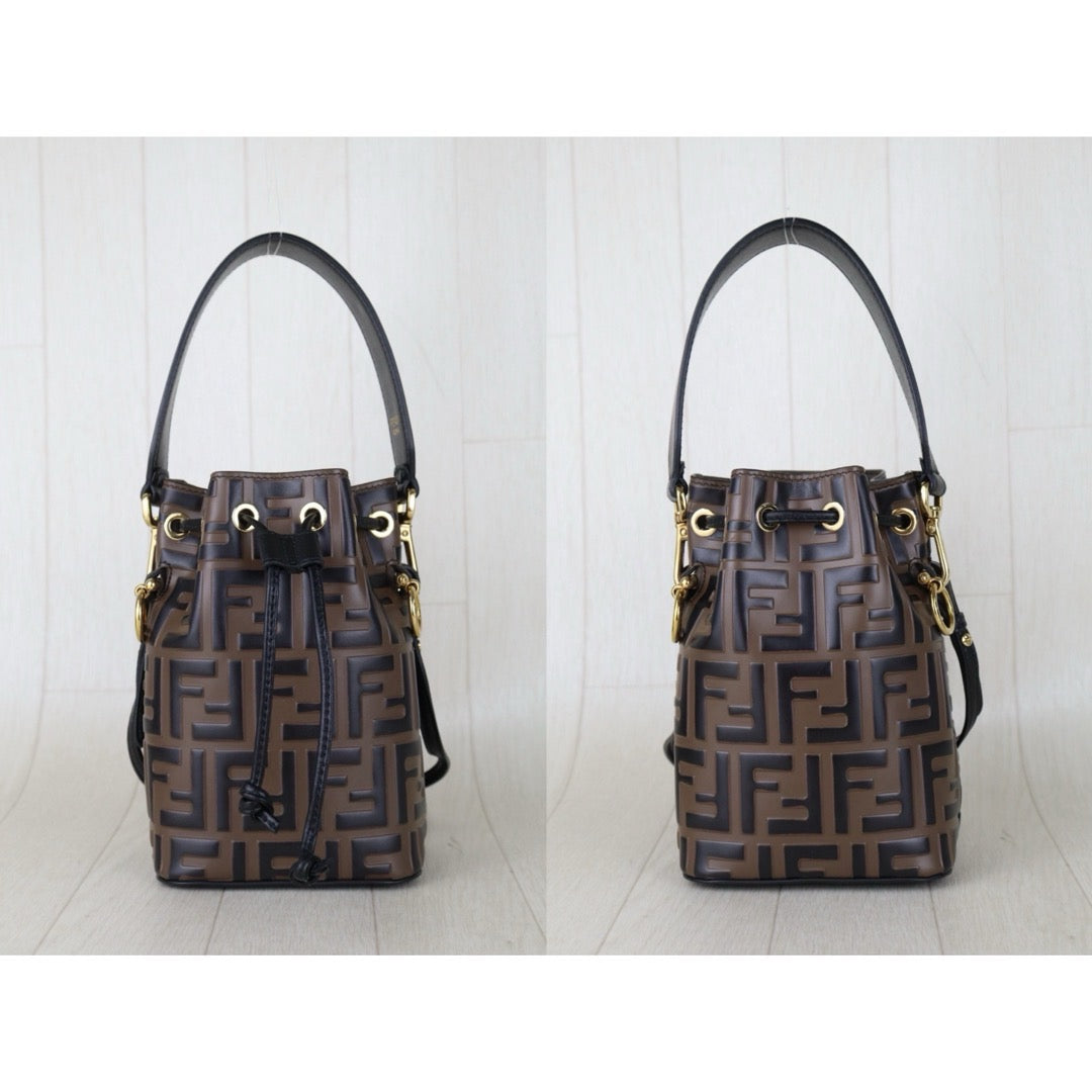 Include Entrupy Certificate of Authenticity｜Very Good ( Rank A)｜ FENDI Zucca Calf Leather Mini Mon Tresor Bucket bag Shoulder Bag Brown ｜S26071601