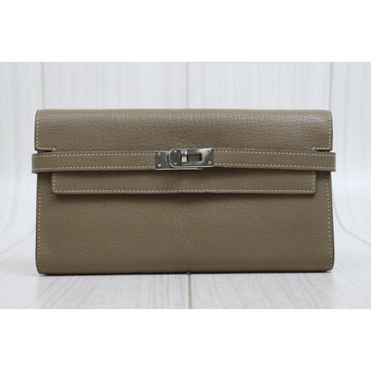 Good ( Rank AB)｜ HERMES Goatskin Kelly Long Wallet Etoupe □Q Stamp Made In 2013Year｜W26020602