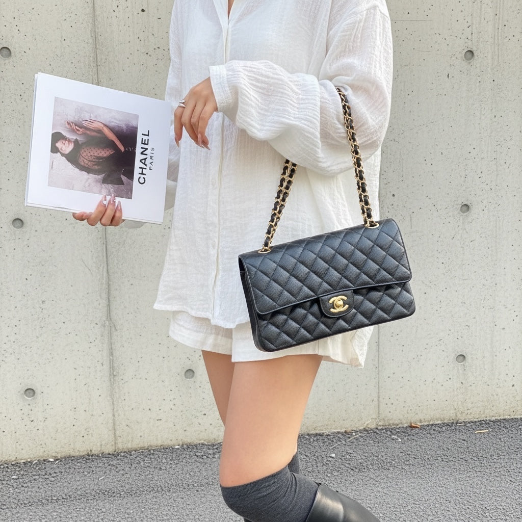 Include Entrupy Certificate of Authenticity｜Very Good ( Rank A)｜Full Set CHANEL Caviar Skin Matrasse Chain Double Flap 25 Shoulder Bag Black Made In 2017Year  ｜S26040301