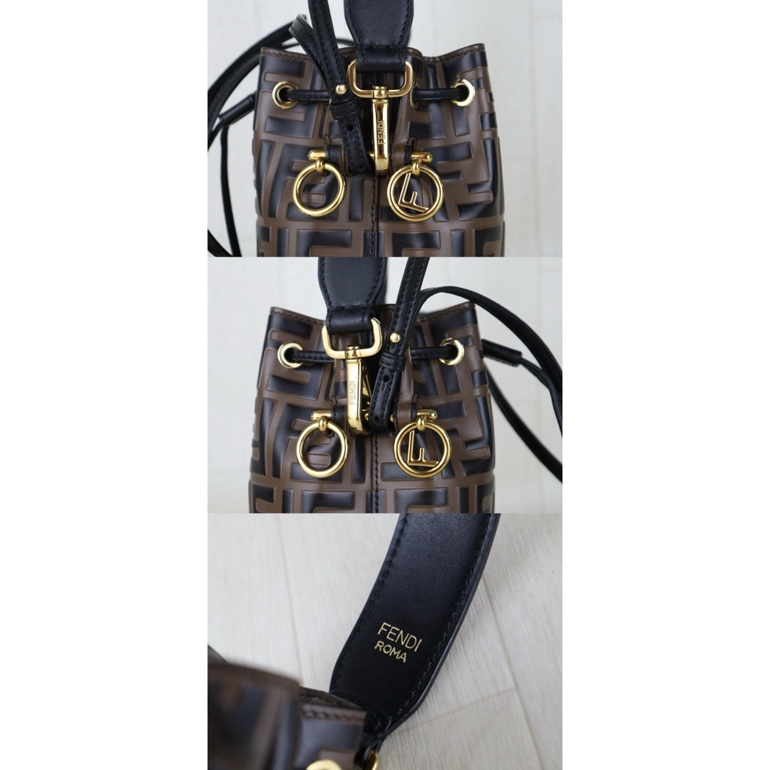 Include Entrupy Certificate of Authenticity｜Very Good ( Rank A)｜ FENDI Zucca Calf Leather Mini Mon Tresor Bucket bag Shoulder Bag Brown ｜S26071601