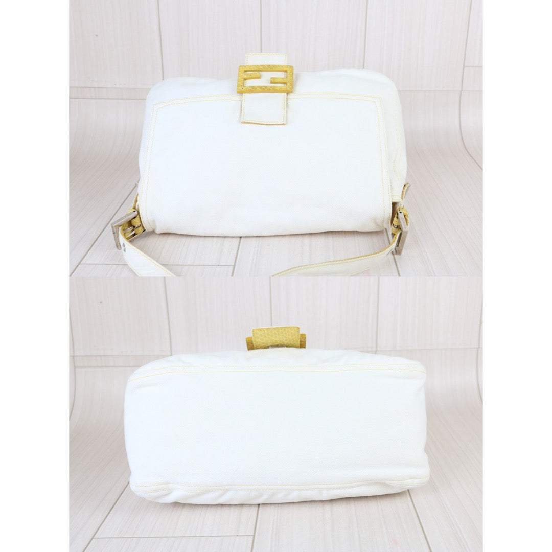 Include Entrupy Certificate of Authenticity｜Good ( Rank AB)｜ FENDI White Denim and Yellow Python Mamma Baguette Shoulder Bag ｜X26090412
