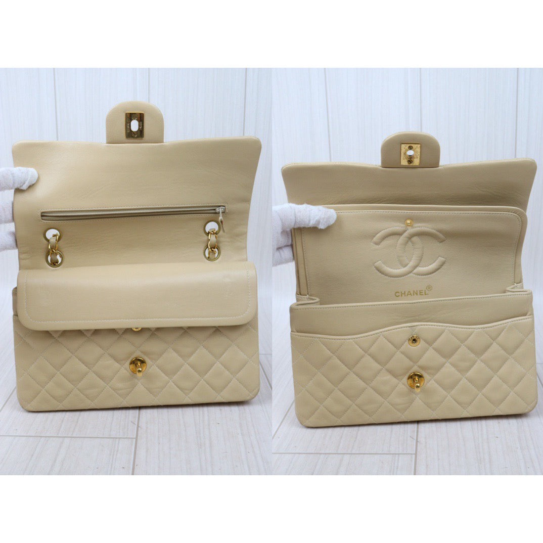 Rank AB｜ CHANEL  Lamb Skin Beige Double Flap 25 Shoulder Bag  ｜24050927