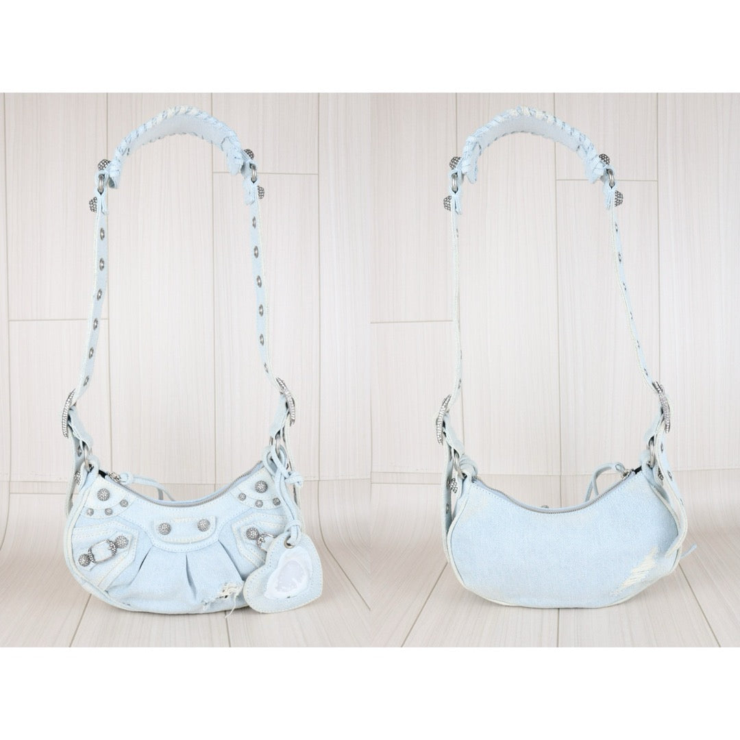 Very Good ( Rank A)｜Balenciaga Denim With Rhinestones Le cargole XS Shoulder Bag Light Blue ｜S25110309
