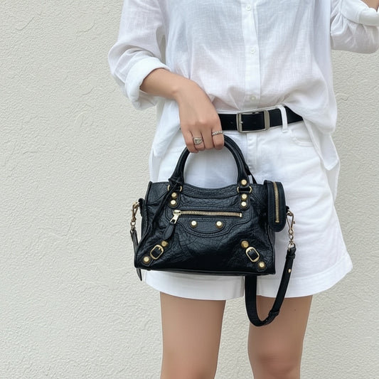 Include Entrupy Certificate of Authenticity｜Good ( Rank AB)｜Balenciaga Oiled Leather Gaint Classic Mini City Handbag Shoulder Bag Black｜S26052502