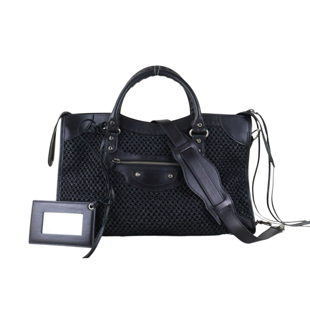 Include Entrupy Certificate of Authenticity｜Very Good ( Rank A)｜Balenciaga Classic City Straw GM Black Motorcycle HandBag Shoulder Bag ｜Z26091902