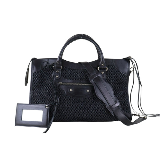 Include Entrupy Certificate of Authenticity｜Very Good ( Rank A)｜Balenciaga Classic City Straw GM Black Motorcycle HandBag Shoulder Bag ｜Z26091902