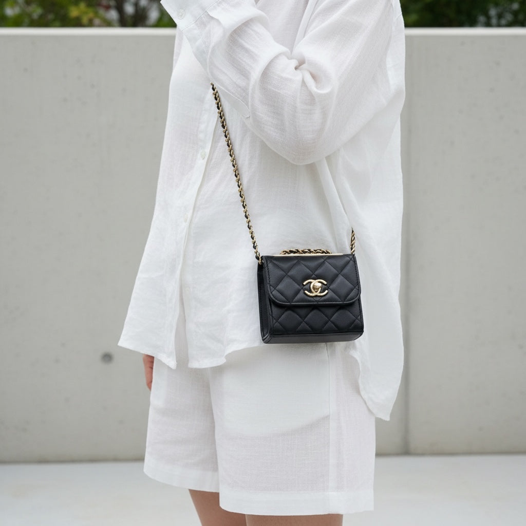 Include Entrupy Certificate of Authenticity｜Very Good ( Rank A)｜ CHANEL Matelasse Chain Lamb Skin Trandy CC mini Box Black Made In 2021-2022Year ｜S26060113