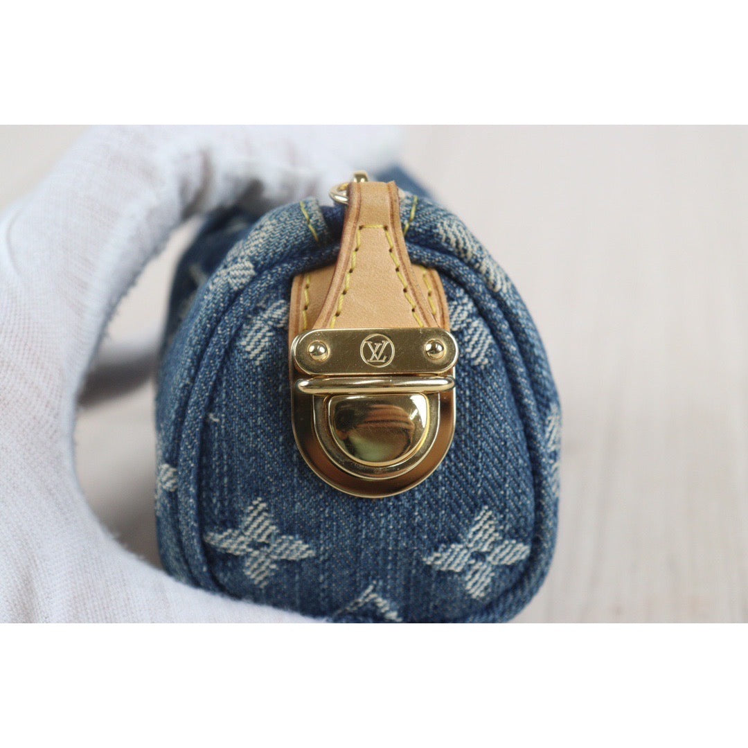 Rank A ｜ LV Monogram Denim Truth Speedy PM Mini Pouch Glove Case Accessory Pouch Blue｜V23090735