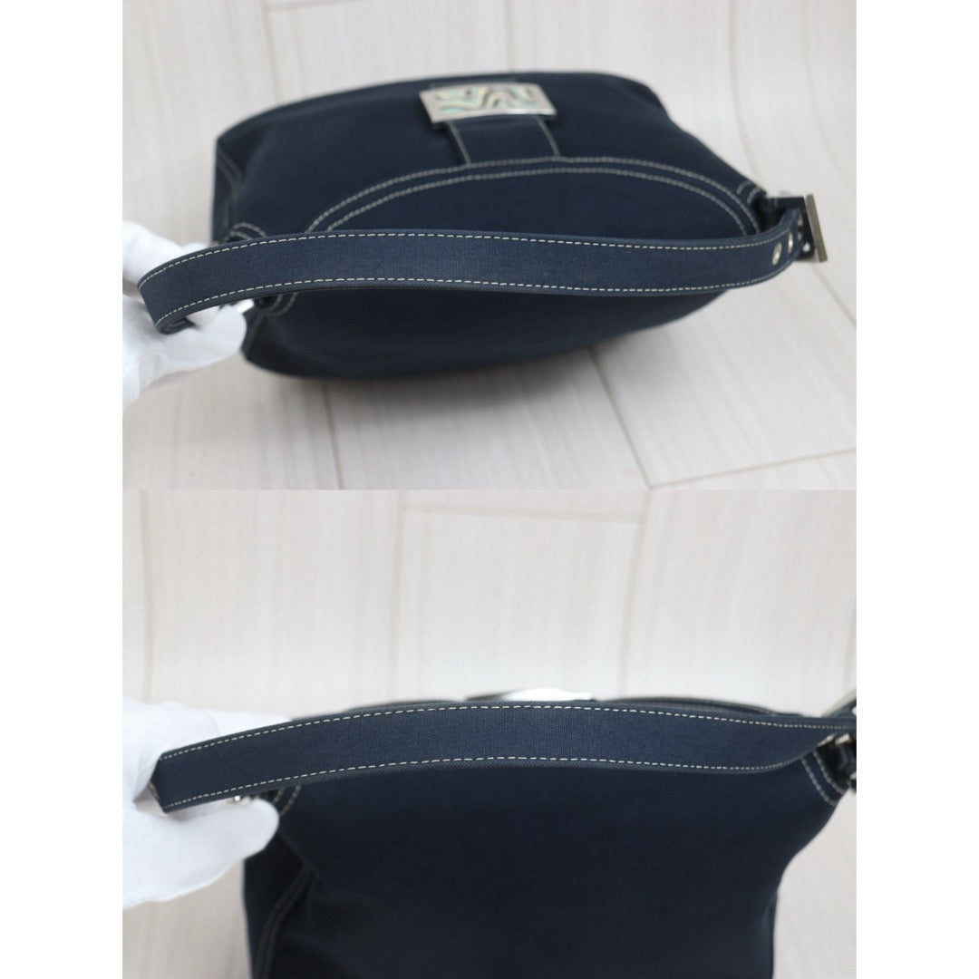 Include Entrupy Certificate of Authenticity｜Good ( Rank AB)｜ FENDI Mamma Baguette Canvas Enamel FF Buckle Shoulder Bag Navy Blue ｜26092403