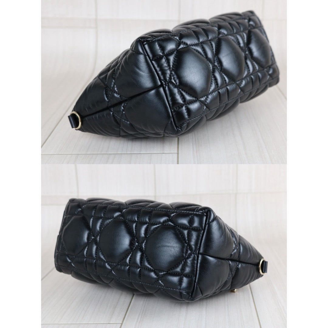 Include Entrupy Certificate of Authenticity｜Very Good ( Rank A) ｜  Dior Lady Dior Lamb Skin Monad Bag In Cannage Pattern Handbag  Black ｜S26070302