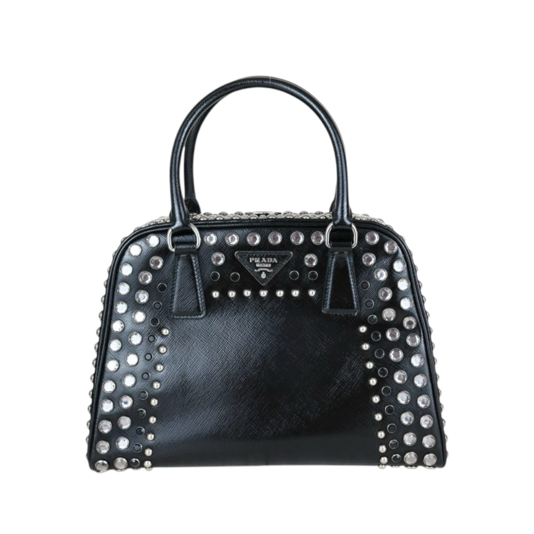 Good ( Rank AB)｜Prada Saffiano Lux Leather Rhinestone HandBag Black｜X25040304