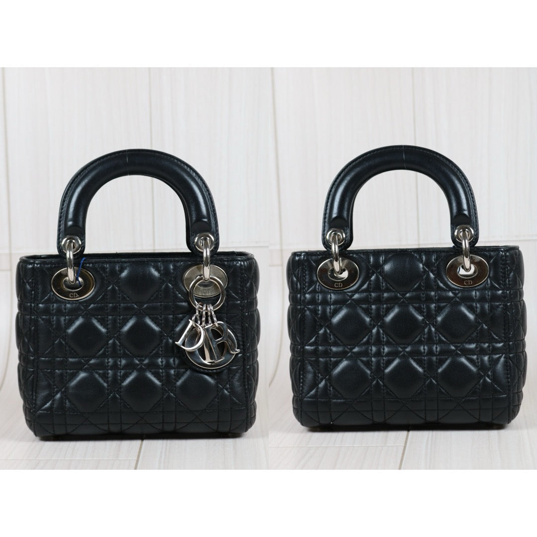 Rank A ｜  Dior Mini Lady Dior Lamb Skin 2WAY Shoulder Bag Handbag Black  ｜S24042902