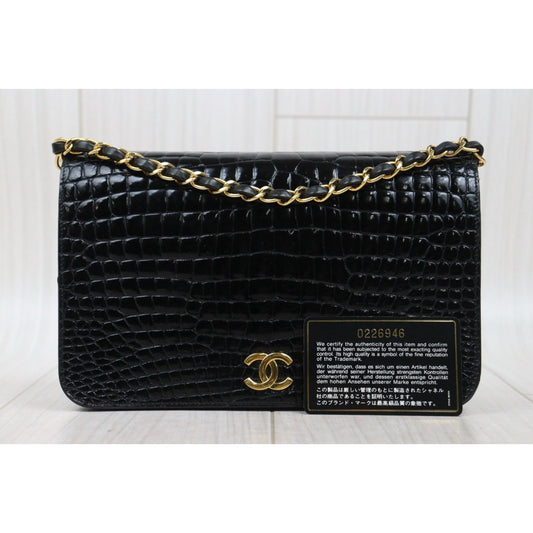 Good ( Rank AB)| CHANEL Matelasse Chain Crocodile Skin WOC23 Black Made in 1986-1988Year |25090805