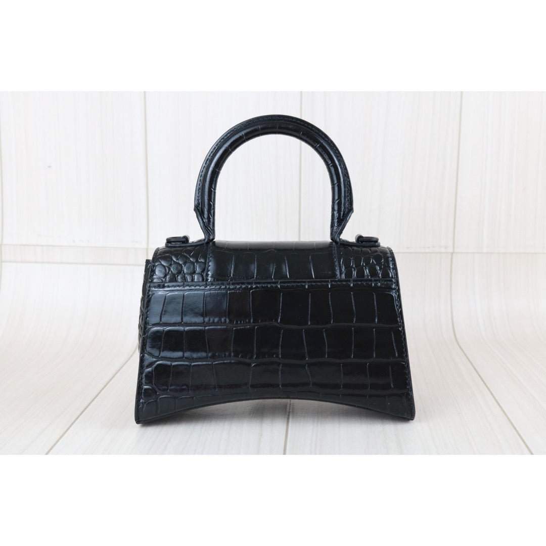 Include Entrupy Certificate of Authenticity｜Very Good ( Rank A)｜Balenciaga Crocodile Embossed Calfskin So Black Hourglass Hand Bag Shoulder Bag XS｜Z26091606