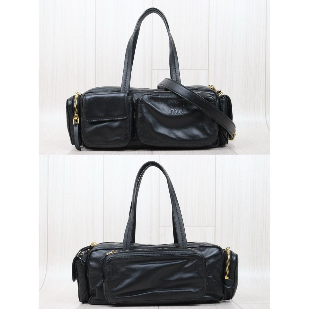 Very Good ( Rank A)｜MiuMiu Lamb Skin Pocket Nappa Hand Bag Shoulder Bag Black｜Y25072803