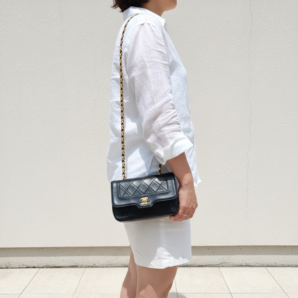 Include Entrupy Certificate of Authenticity｜Good ( Rank AB)｜ CHANEL  Lamb Skin Mini Diana  Chain Shoulder Bag Made in 1989-1991Year｜26051305