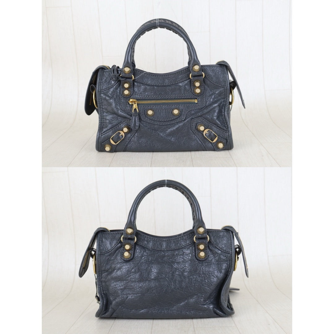 Include Entrupy Certificate of Authenticity｜Very Good ( Rank A)｜Balenciaga Waxed Leather Gaint Classic City Mini Grey HandBag Shoulder Bag ｜Z26100205