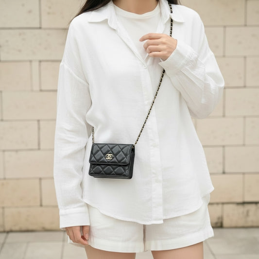 Include Entrupy Certificate of Authenticity｜Very Good ( Rank A)｜ CHANEL Coco Mark Lambskin Matrasse Bow Chain Mini WOC Black Made In 2021-2022Year｜S26052509