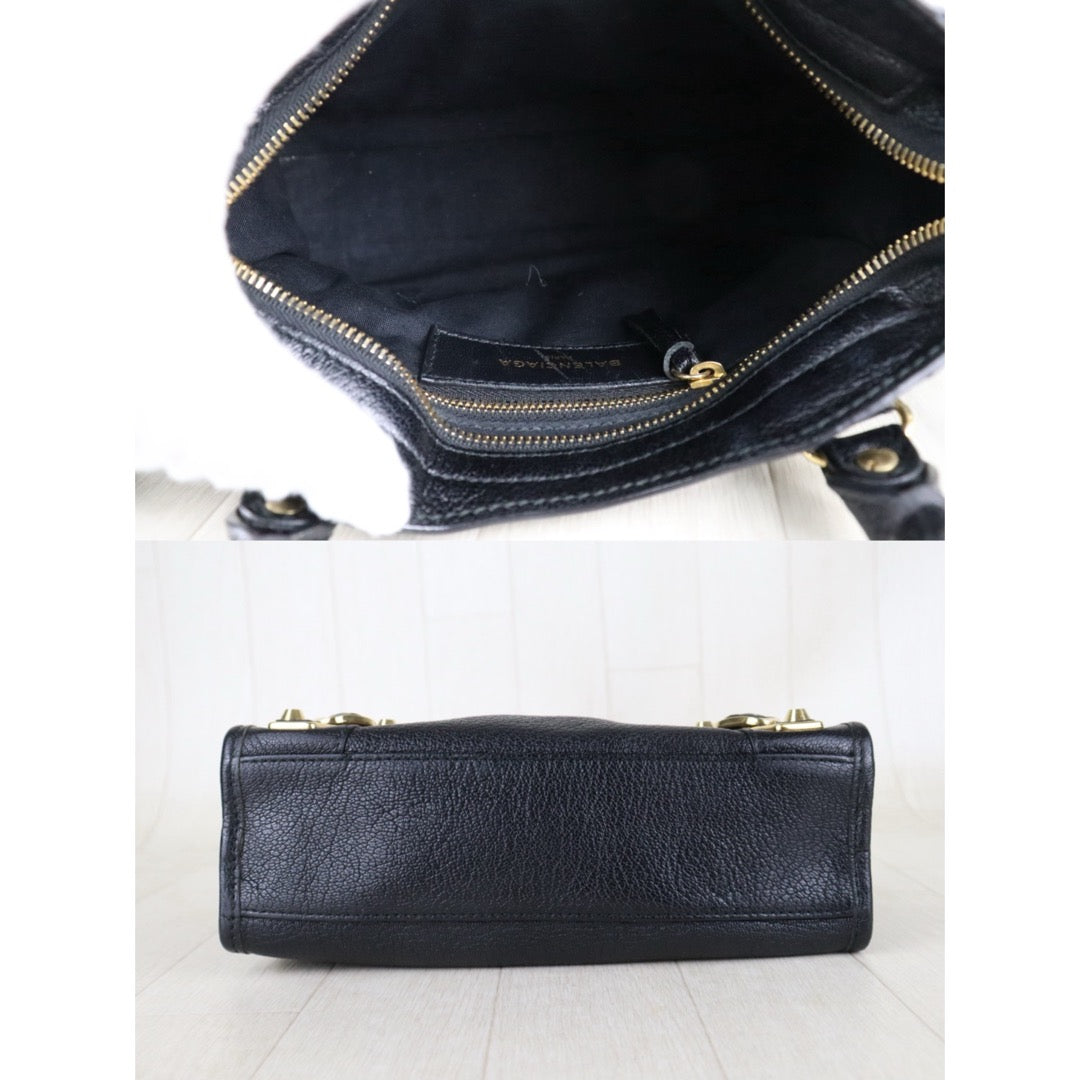 Include Entrupy Certificate of Authenticity｜Very Good ( Rank A)｜Balenciaga Chevre Leather Gaint Classic Metallic Edge City Mini Black HandBag Shoulder Bag ｜Z26091514