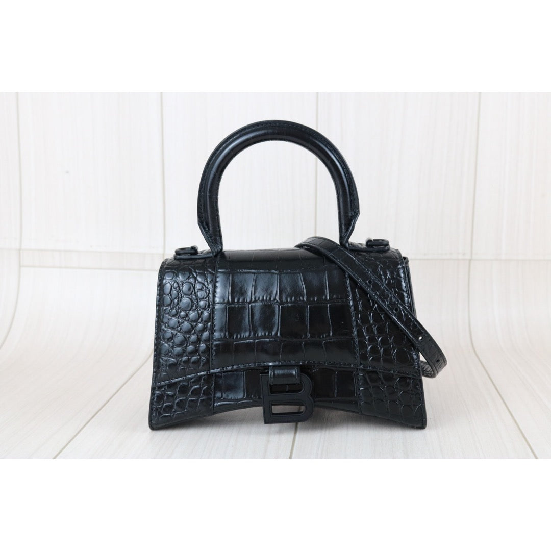 Include Entrupy Certificate of Authenticity｜Very Good ( Rank A)｜Balenciaga Crocodile Embossed Calfskin So Black Hourglass Hand Bag Shoulder Bag XS｜Z26091606
