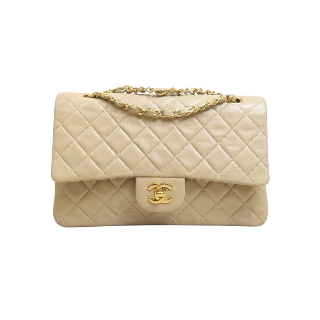 Include Entrupy Certificate of Authenticity｜Good ( Rank AB)｜ CHANEL Lamb Skin Matrasse Chain Double Flap 25 Shoulder Bag  Beige Made In 1989-1991 Year｜26092503