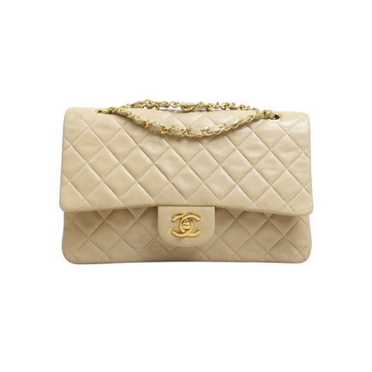 Include Entrupy Certificate of Authenticity｜Good ( Rank AB)｜ CHANEL Lamb Skin Matrasse Chain Double Flap 25 Shoulder Bag  Beige Made In 1989-1991 Year｜26092503