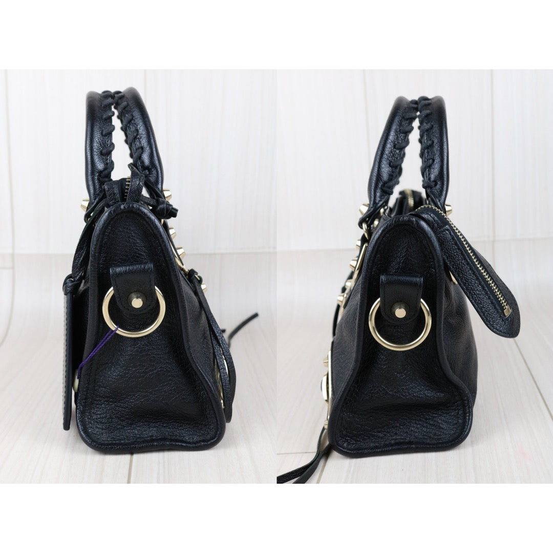 Include Entrupy Certificate of Authenticity｜Very Good ( Rank A)｜Balenciaga Chevre Leather Gaint Classic Metallic Edge City Mini Black HandBag Shoulder Bag ｜X26092111