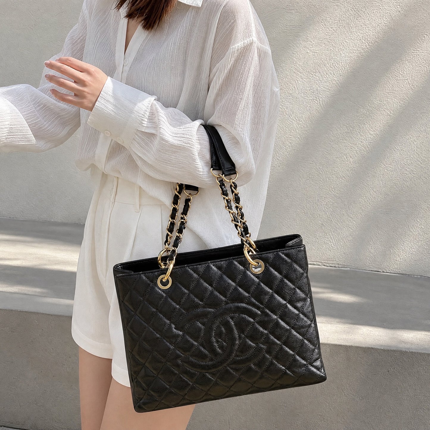 Include Entrupy Certificate of Authenticity｜Very Good ( Rank A) ｜ CHANEL Caviar Skin Matrasse Chain GST Tote Bag  Black  Made In 2009-2010Year｜S26062801