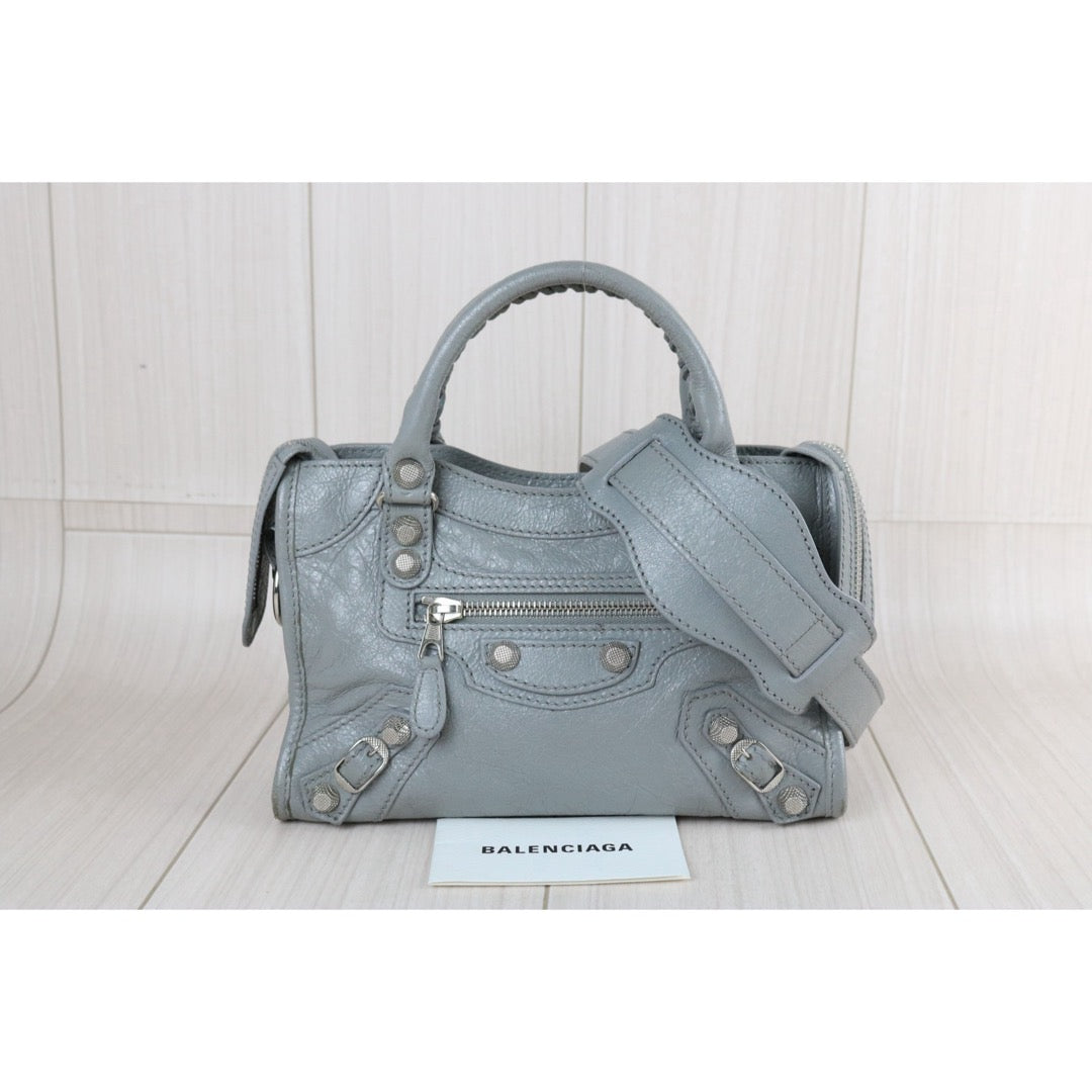 Include Entrupy Certificate of Authenticity｜Good ( Rank AB)｜Balenciaga Waxed Leather Gaint Classic Mini City Grey HandBag Shoulder Bag ｜S26072604