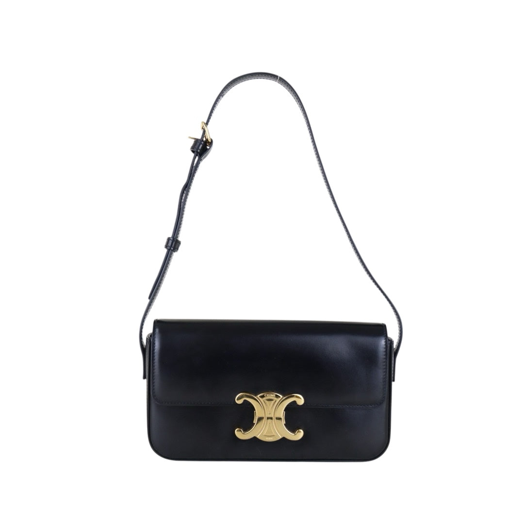 Good ( Rank AB) ｜CELINE Calf Leather Triomphe Black Shoulder Bag Golden Hardware｜S25121504