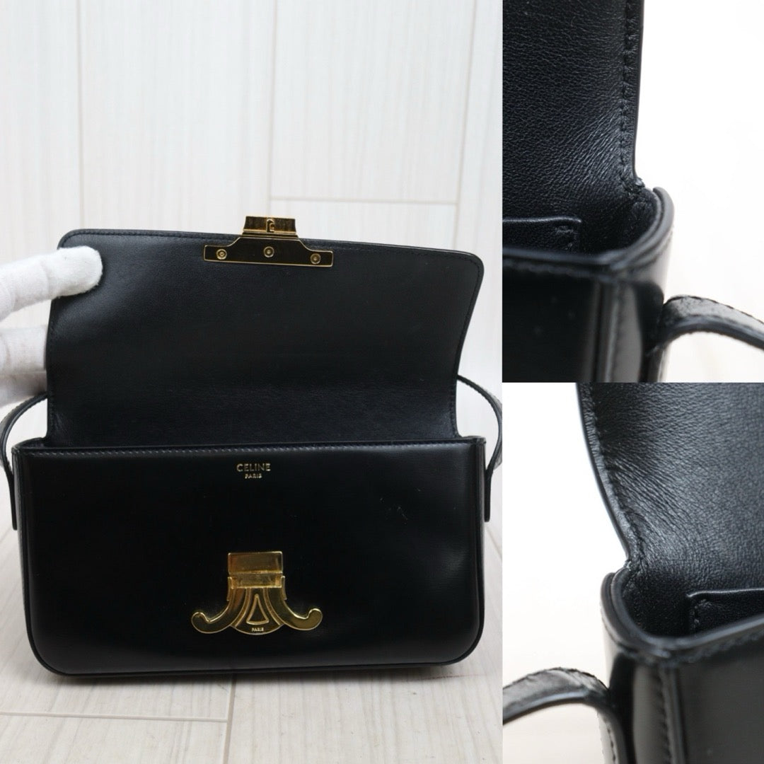 Good ( Rank AB) ｜CELINE Calf Leather Triomphe Black Shoulder Bag Golden Hardware｜S25110429