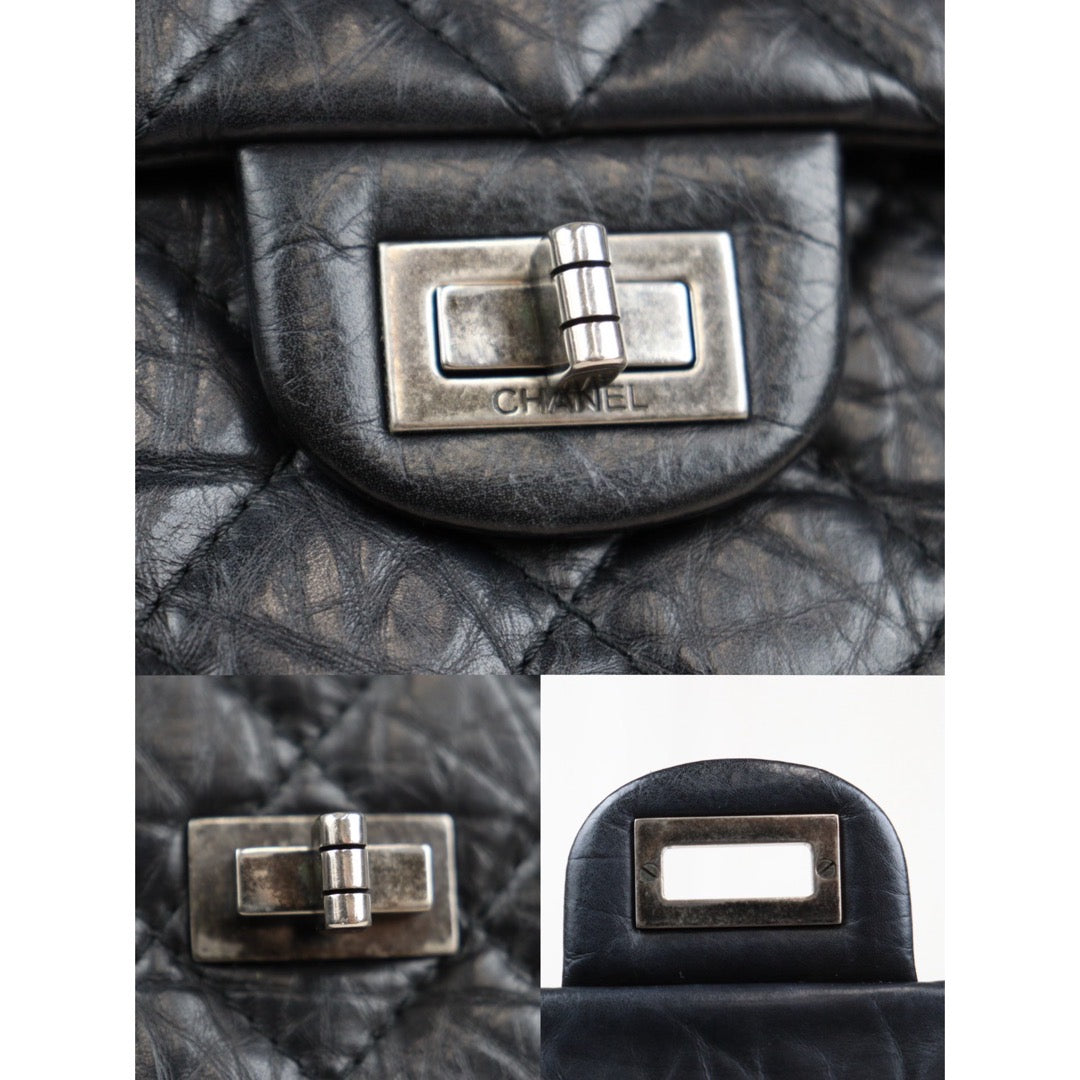 Rank A ｜CHANEL 2.55 Matlasse Aged Calfskin Double Flap Chain Shoulder Bag Black｜23120511