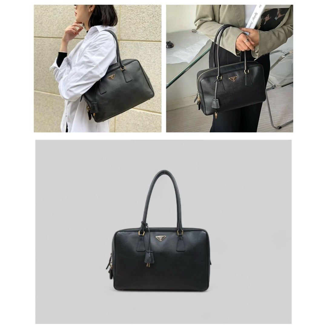 Good ( Rank AB)｜Prada Leather Saffiano Briefcase Handbag Gold Hardware Black｜V25050816