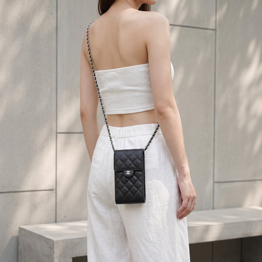 Include Entrupy Certificate of Authenticity｜Very Good（Rank A）｜CHANEL Caviar Skin  Flap Phone Holder Chain Shoulder Bag Black Made In 2021-2022 Year ｜S26090742