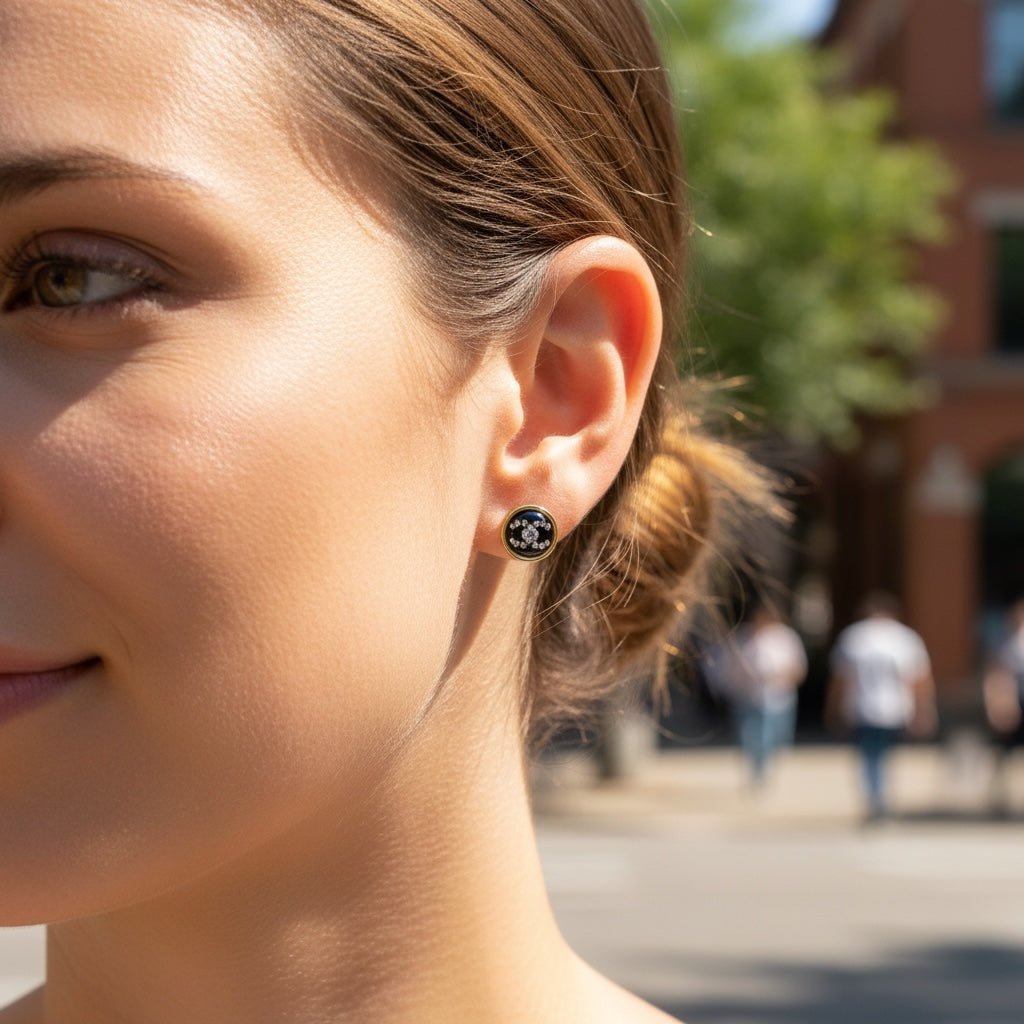 Include Authentic Detective Certificate of Authenticity｜Very Good ( Rank A) ｜CHANEL D20B COCO Mark Black Golden Rhinestone Earrings Made In 2020Year｜S26031027