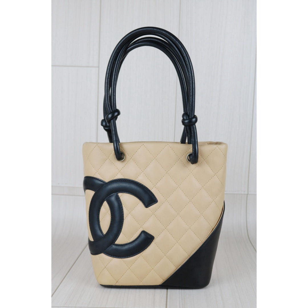 Include Entrupy Certificate of Authenticity｜Good ( Rank AB)｜ CHANEL Cambon Line Calf Leather Mini Tote Bag Beige Made In 2004-2005Year｜Y26051522